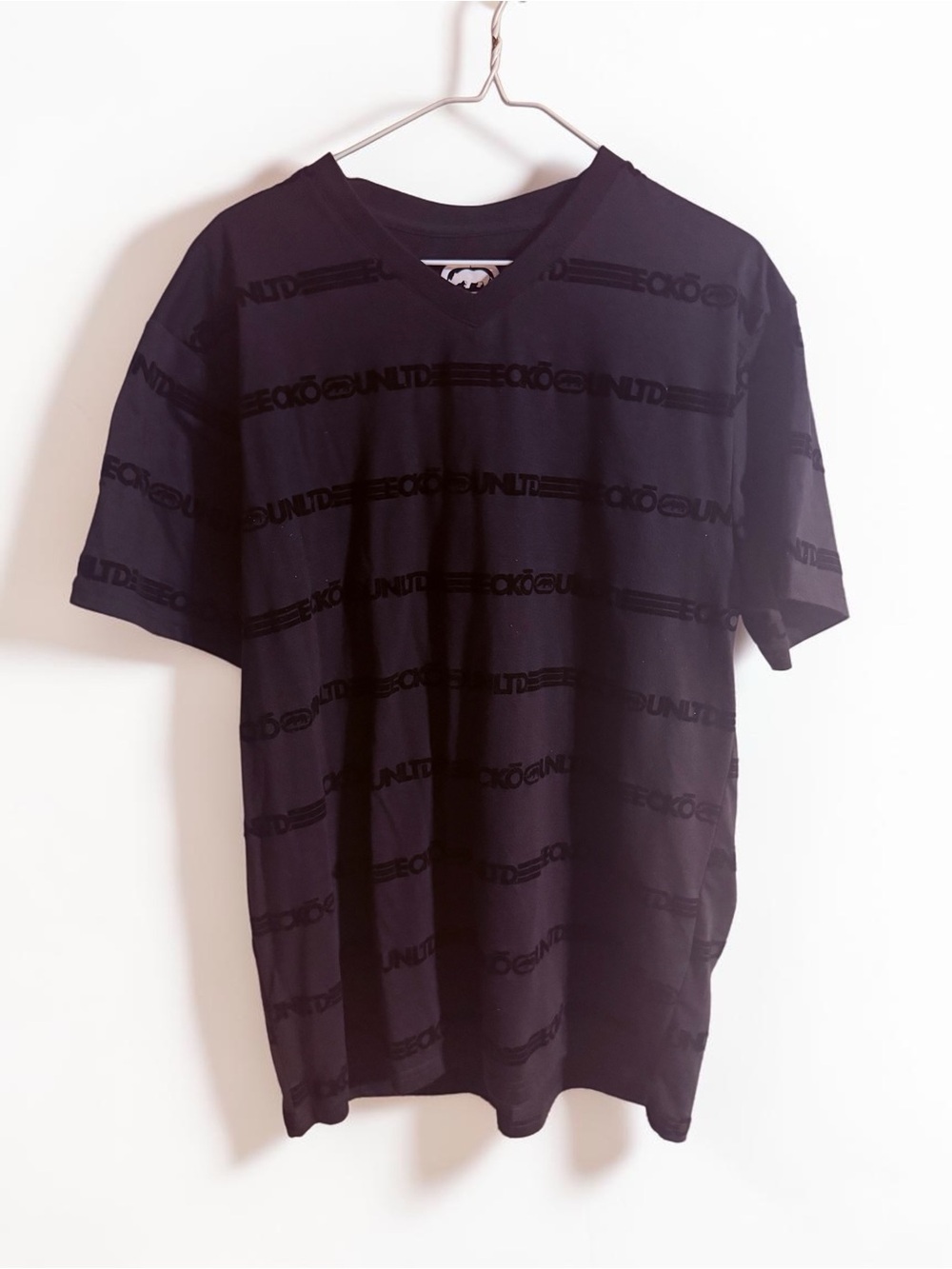 Ecko Unlimited Black Short Sleeve V-Neck Tee with Tonal Logo
